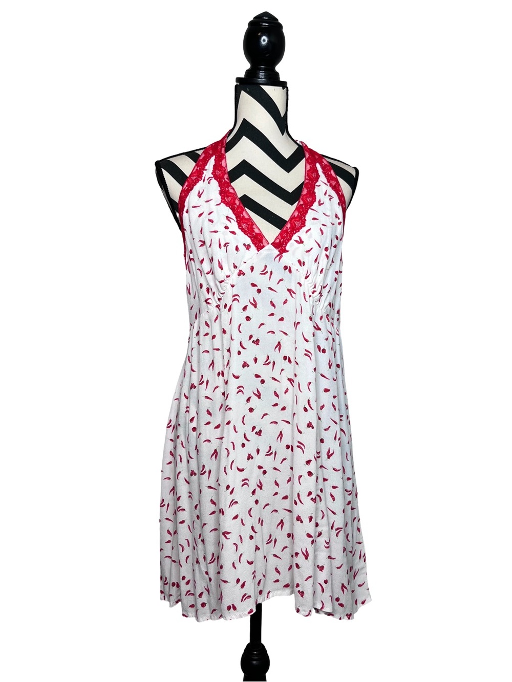 Y2K Red Chili Pepper Lace Trime Halter Babydoll Mini Dress Sz XXL